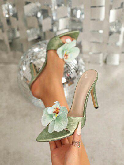 3D Orchid Satin Stiletto Sandals - Elegant Floral French Fairy Style High Heel Mules for Women