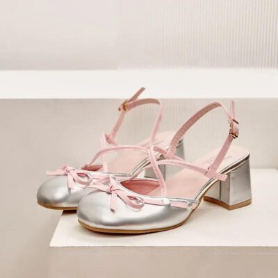 Womens Coquette Aesthetic Pointed Silver Block Heel Sandals