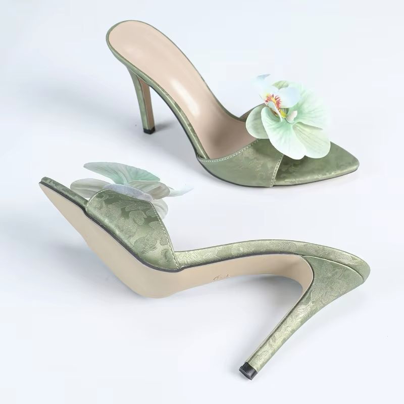 3D Orchid Satin Stiletto Sandals - Elegant Floral French Fairy Style High Heel Mules for Women - Image 2