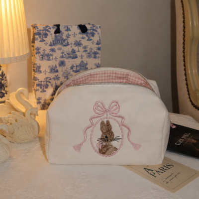 Pink Bow Rabbit Embroidered Makeup Bag