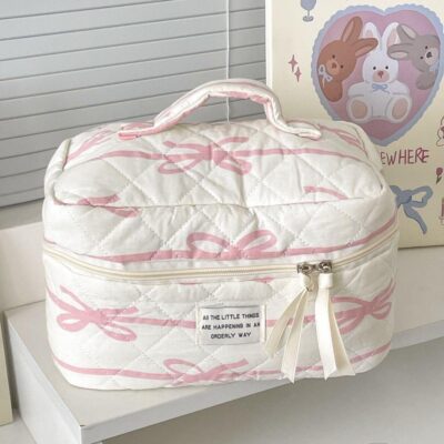 Women's Quilted Cotton Bowknot Cosmetic Bag