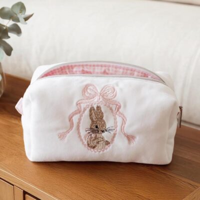 Pink Bow Rabbit Embroidered Makeup Bag
